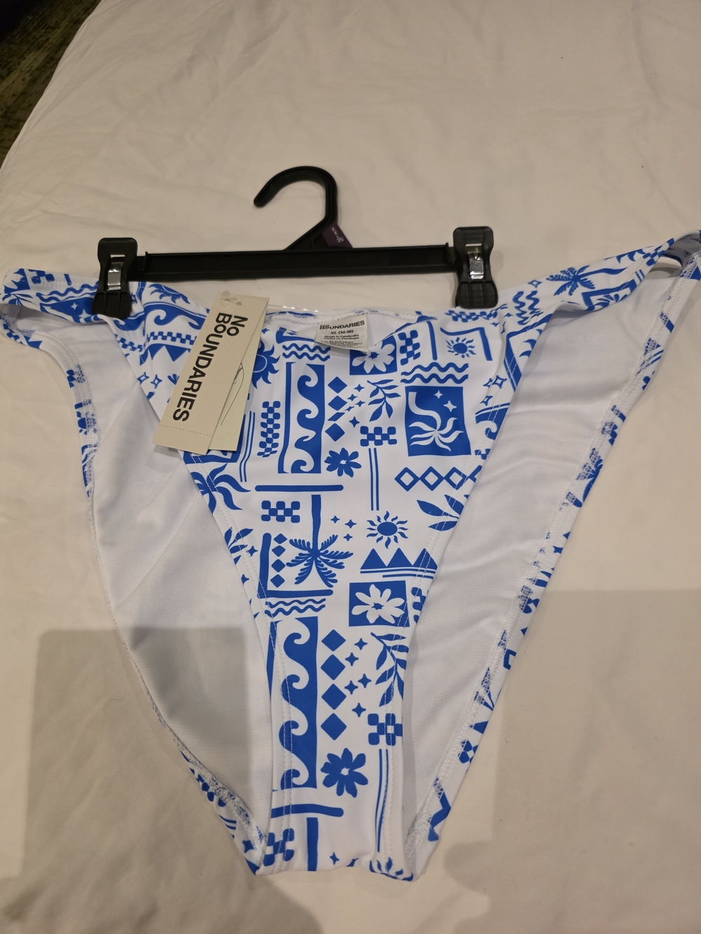 No Boundaries White Bikini Bottom with Blue Floral Geometric Print